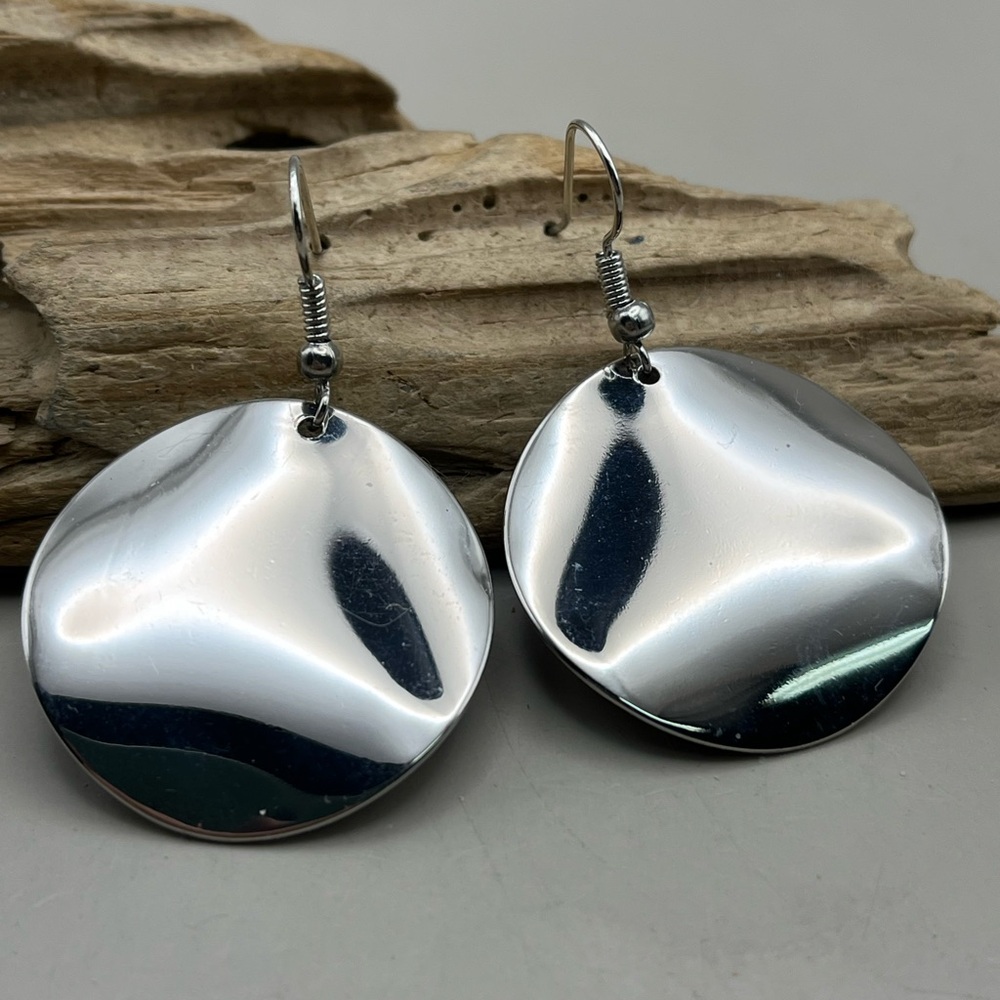 Silver Tone Modern Statement Disc Drop Earrings Contemporary Lightweight